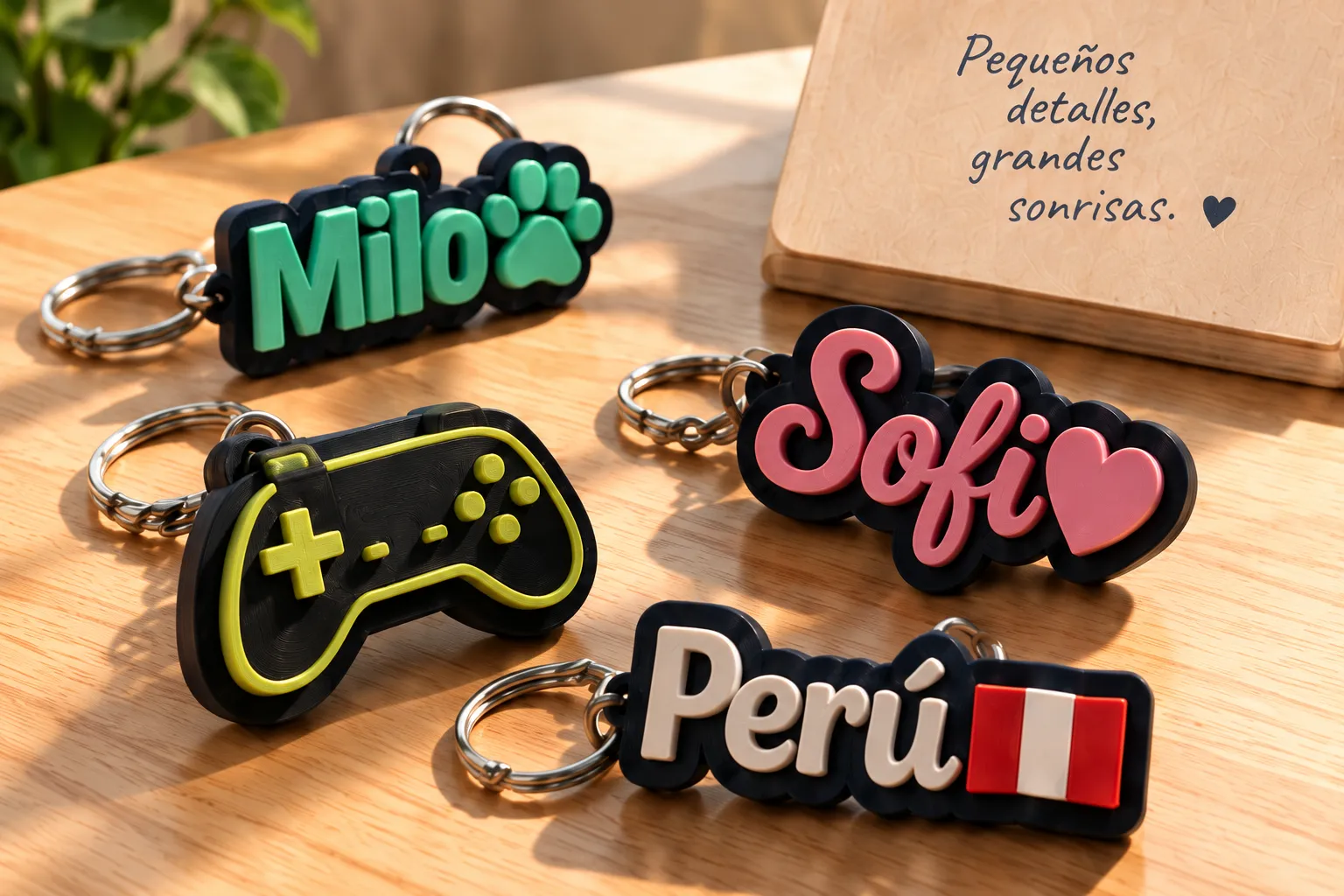 Llaveros personalizados con nombres, una mascota, un control de videojuegos y la bandera del Perú sobre una mesa de madera.