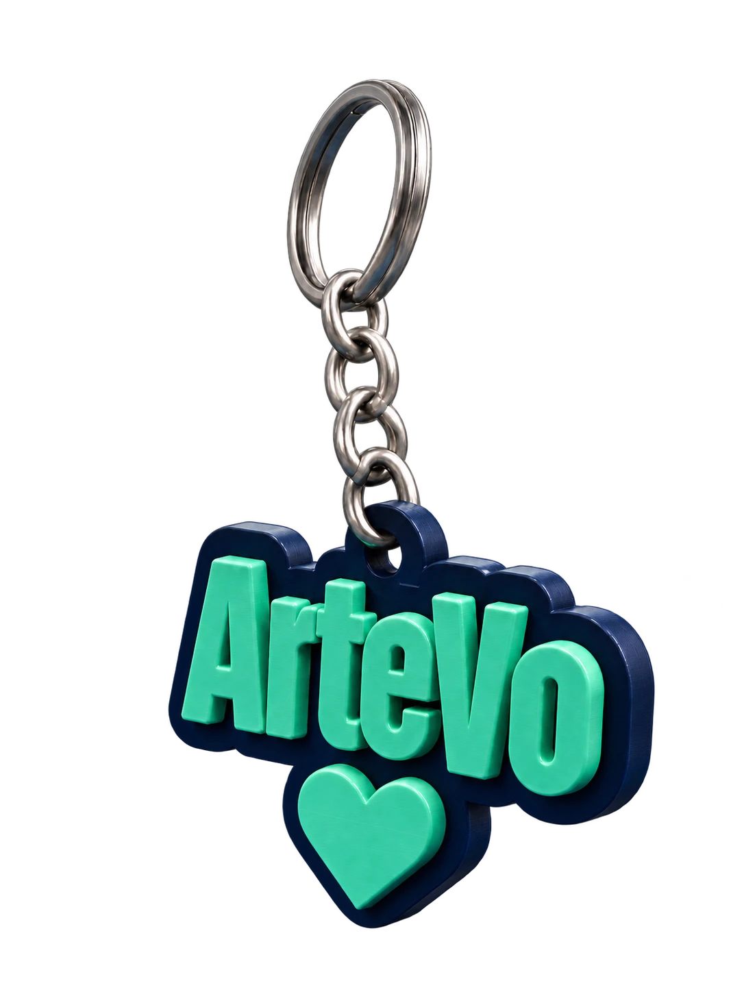 Llavero ArteVo en verde menta, con base azul y un corazón, colgado de una cadena metálica.