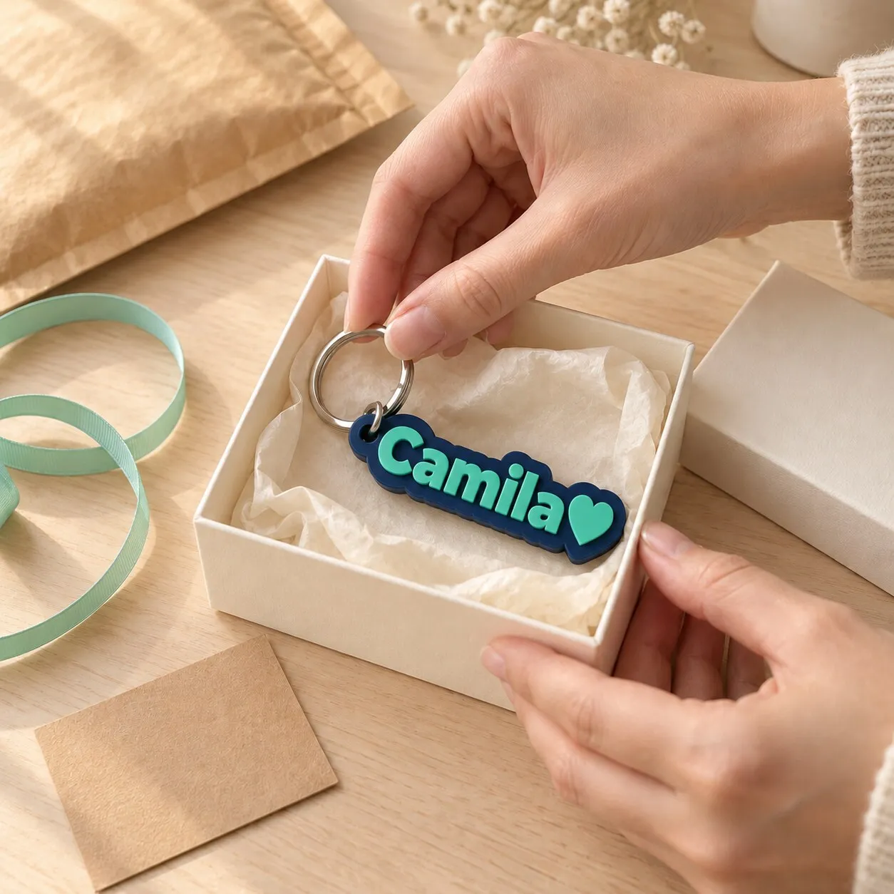 Unas manos acomodan un llavero con el nombre Camila dentro de una cajita de regalo.