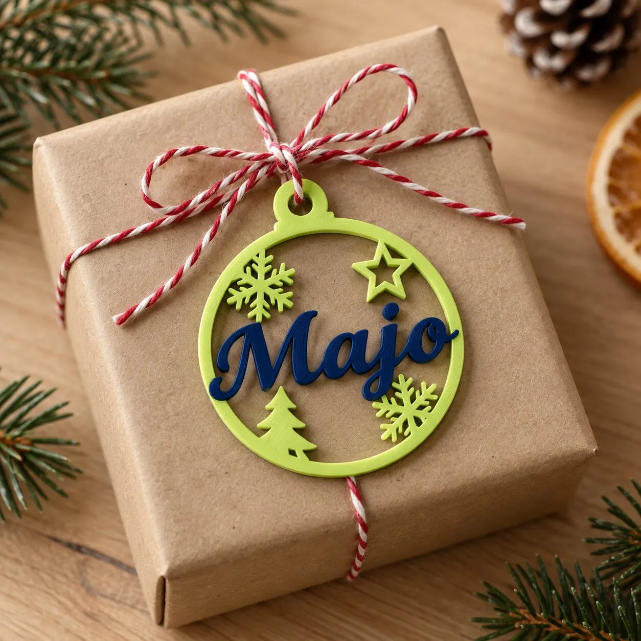 Una esfera navideña plana y calada, de color verde lima, con el nombre Majo, atada al cordel de un regalo envuelto en papel kraft.