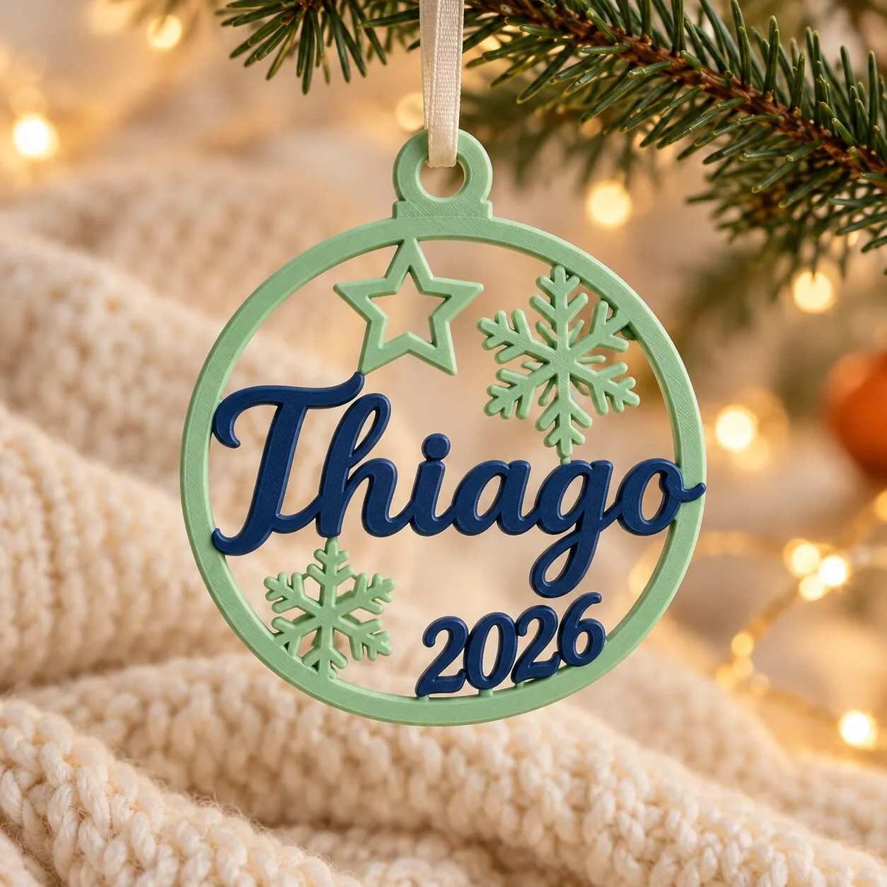 Una esfera navideña plana y calada, de color verde menta, con una estrella, copos de nieve, el nombre Thiago en letra cursiva y el año 2026.