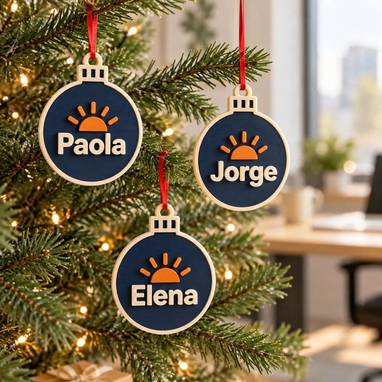 Tres esferas navideñas planas azul marino con el logo de un sol naranja y los nombres Paola, Jorge y Elena, colgadas de un árbol en una oficina.
