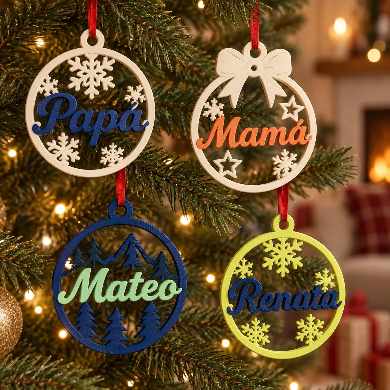 Cuatro esferas navideñas planas y caladas colgadas de un árbol, con los nombres Papá, Mamá, Mateo y Renata en letra cursiva.