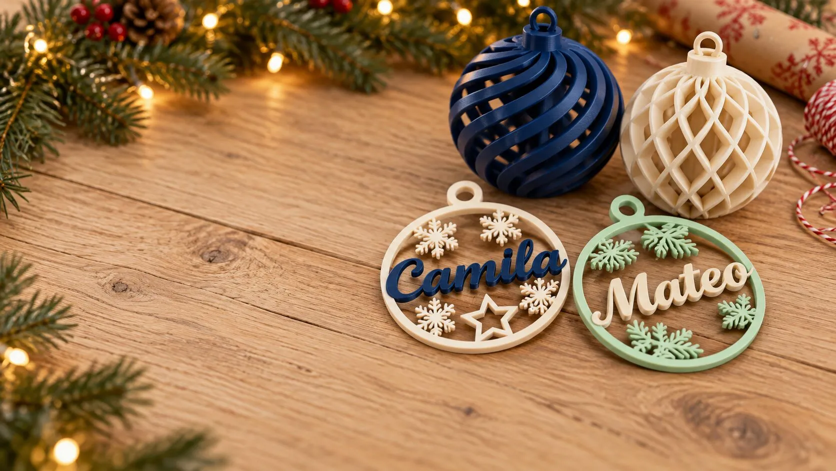 Dos esferas navideñas planas y caladas con los nombres Camila y Mateo en letra cursiva, junto a dos esferas redondas decorativas, una en espiral y otra tipo panal, sobre una mesa de madera.