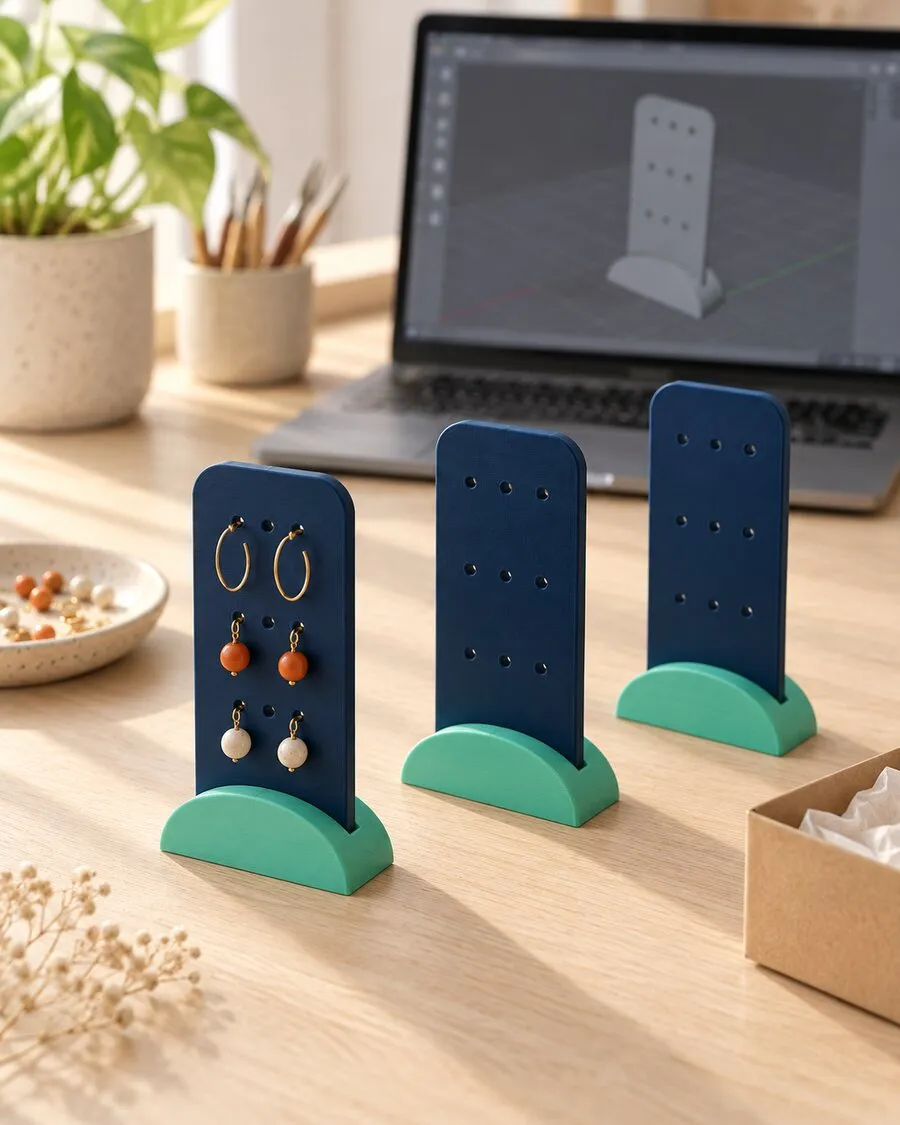 Tres exhibidores de aretes impresos en 3D, con panel azul marino y base menta, sobre una mesa de trabajo; el primero sostiene aretes, y al fondo una laptop muestra el mismo exhibidor en un programa de modelado 3D.
