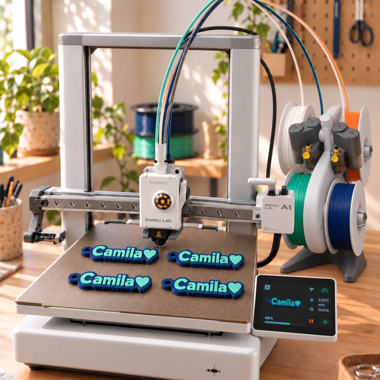 Impresora 3D imprimiendo cuatro llaveros con el nombre Camila en azul marino y menta.