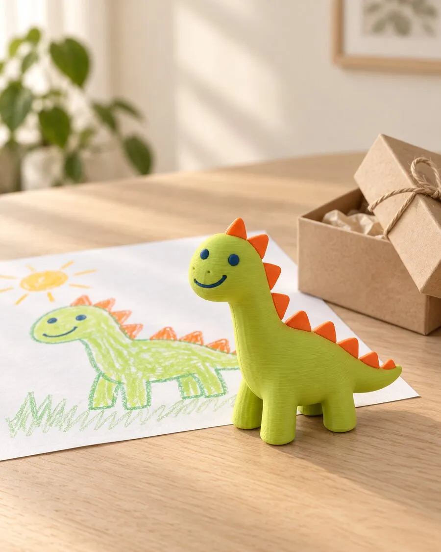 El dibujo a crayón de un dinosaurio hecho por un niño y, delante, la figura impresa en 3D del mismo dinosaurio en verde lima con púas naranjas, junto a una caja de regalo de cartón.