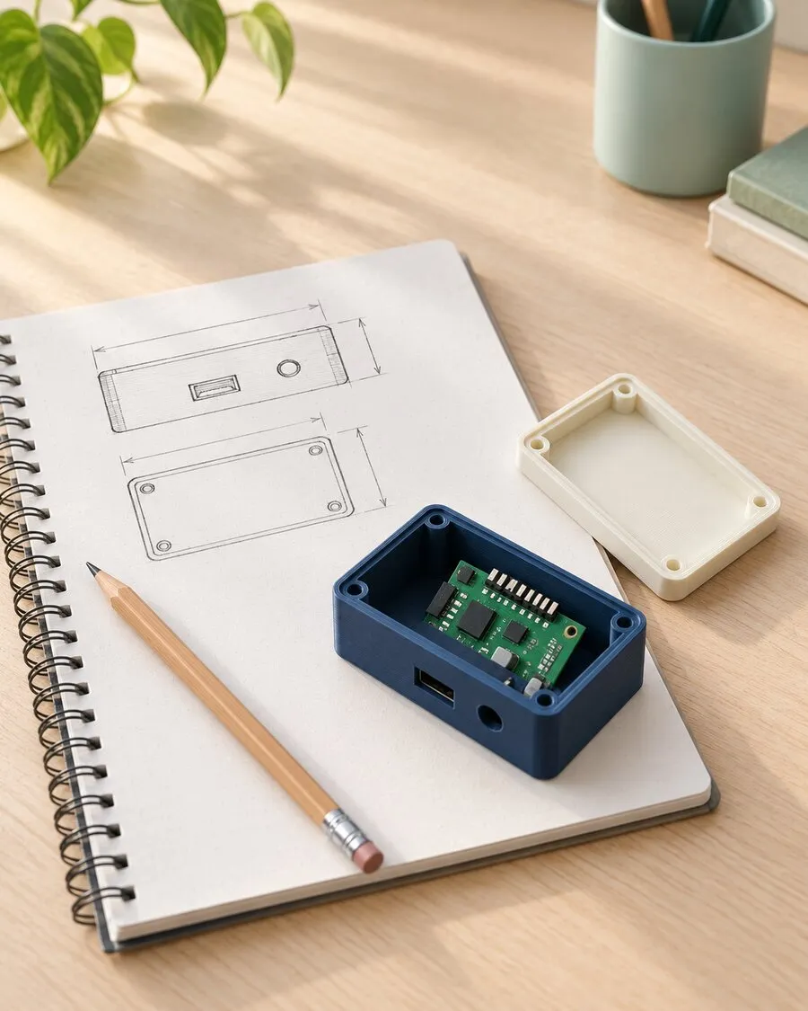 Un cuaderno con el boceto a lápiz de una caja para un proyecto de electrónica y, sobre la página, la caja impresa en 3D en azul marino con una placa verde adentro y su tapa crema al lado.