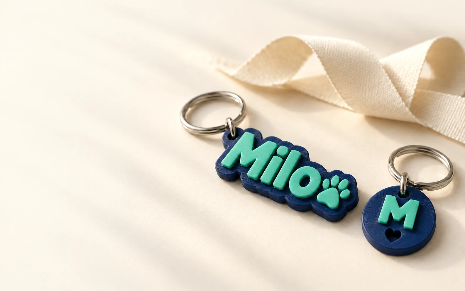Llaveros personalizados impresos en 3D en azul marino y menta, con un nombre y una inicial, junto a una cinta crema.
