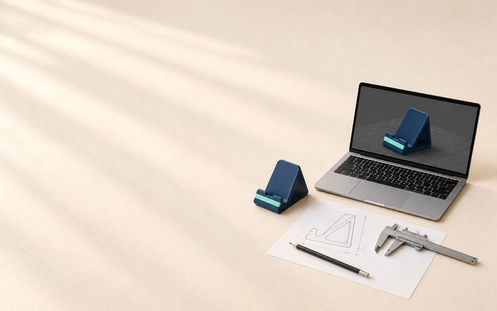 El modelo 3D de un soporte de celular en una laptop, junto al soporte impreso en azul marino y menta, un boceto con medidas y un calibrador.