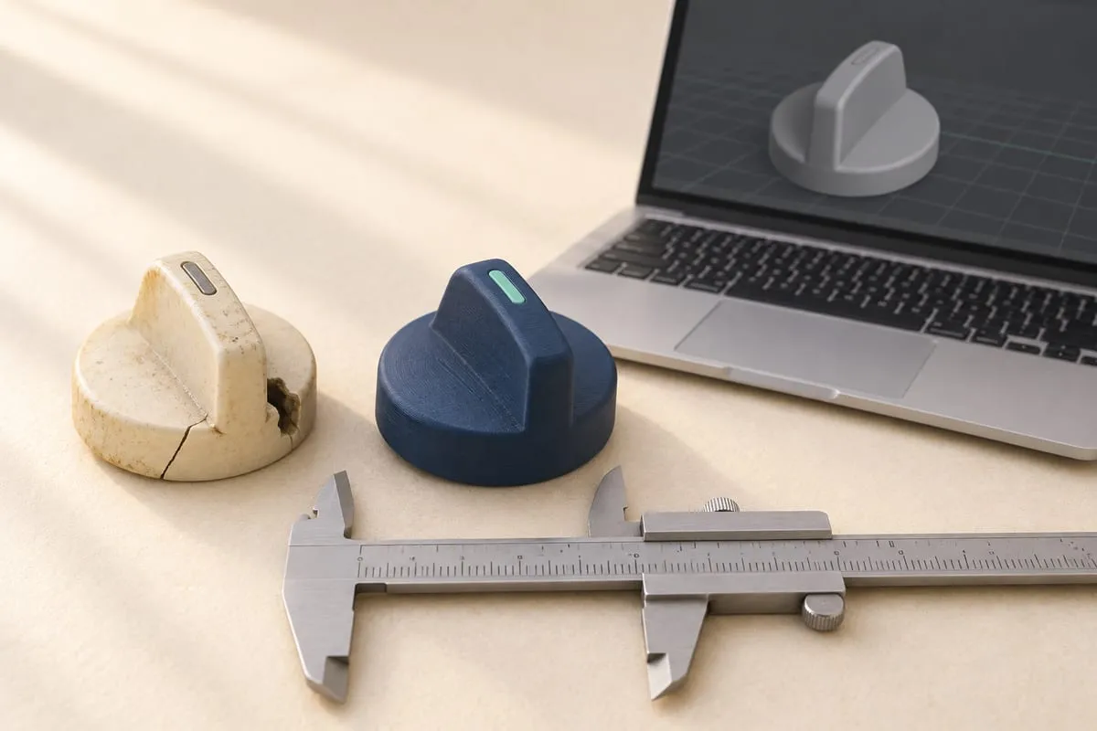 Una perilla de cocina rota junto a su copia nueva impresa en 3D y un vernier; atrás, una laptop con el modelo 3D de la perilla.