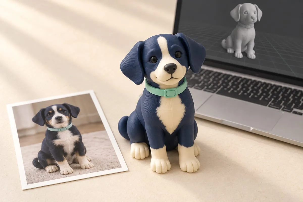 La foto impresa de un perrito sentado y, al lado, su figura impresa en 3D; atrás, una laptop con el modelo 3D del perrito.
