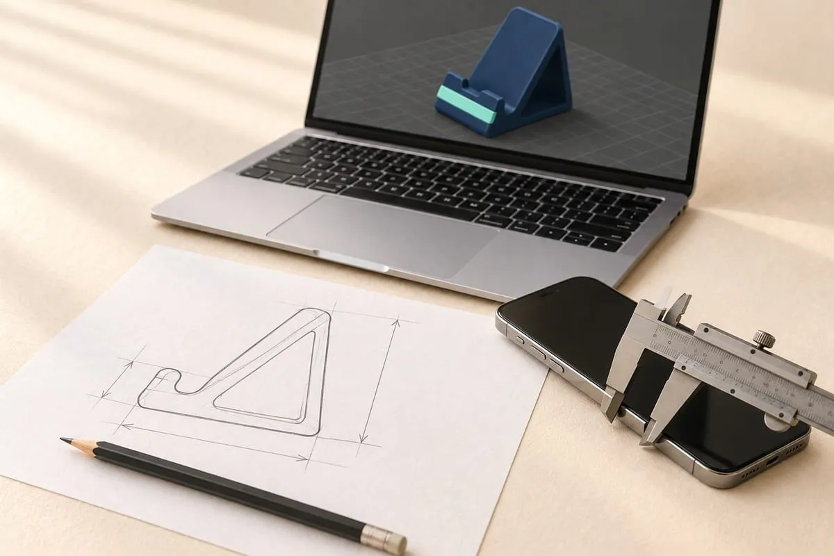El boceto a lápiz de un soporte con sus líneas de medida, un vernier midiendo un celular y, atrás, una laptop con el modelo 3D del soporte.