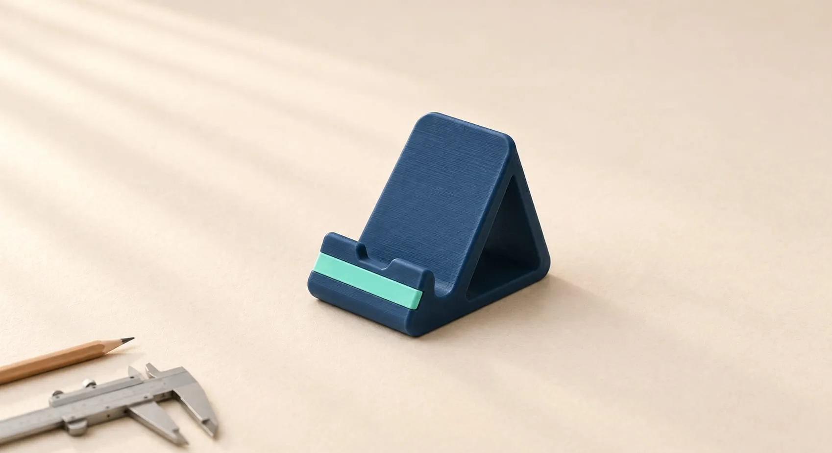 Un soporte de celular para escritorio impreso en 3D, azul marino con una franja menta donde descansa el celular, sobre una mesa crema junto a un lápiz y un vernier.
