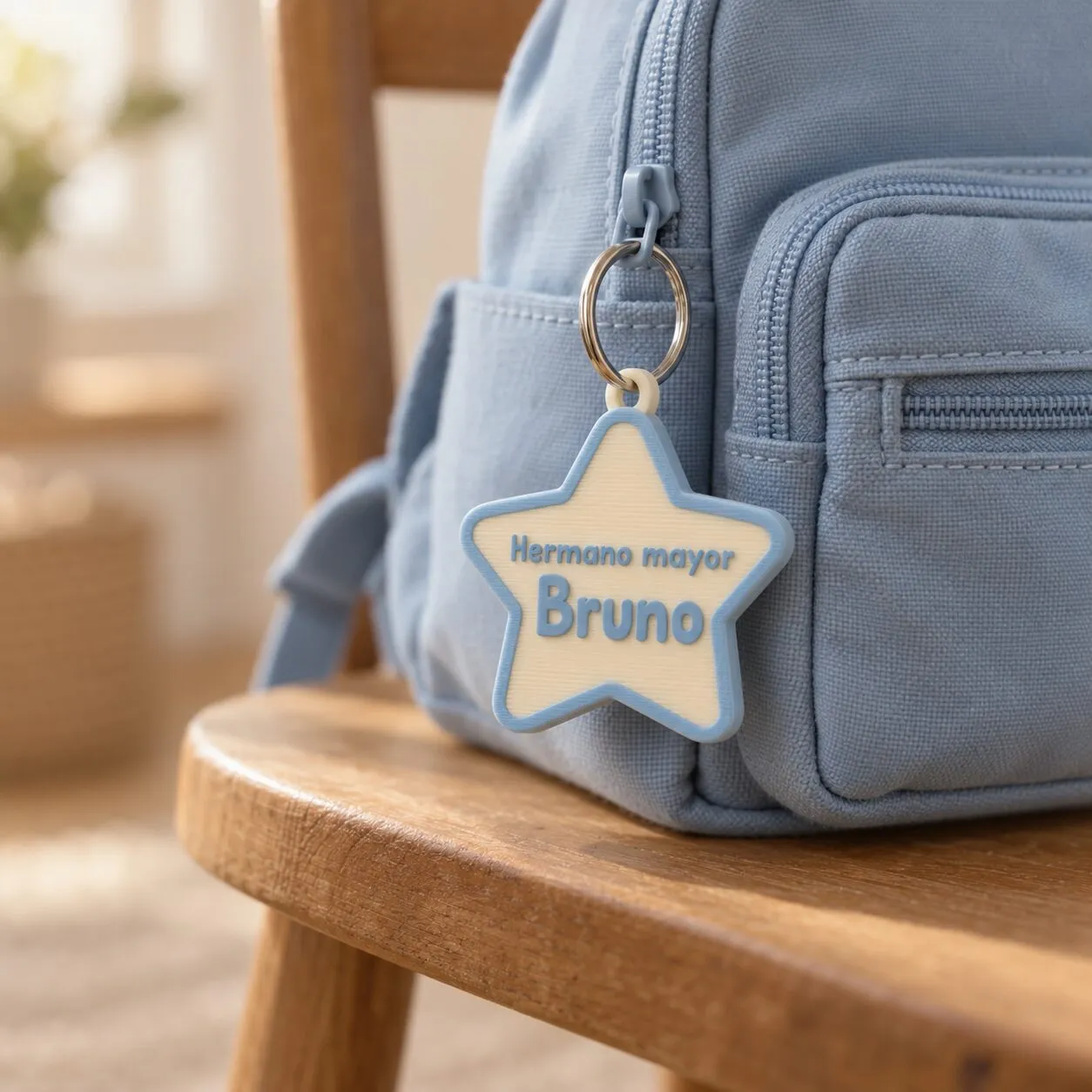 Un llavero con forma de estrella que dice «Hermano mayor» y «Bruno», colgado de una mochila celeste.