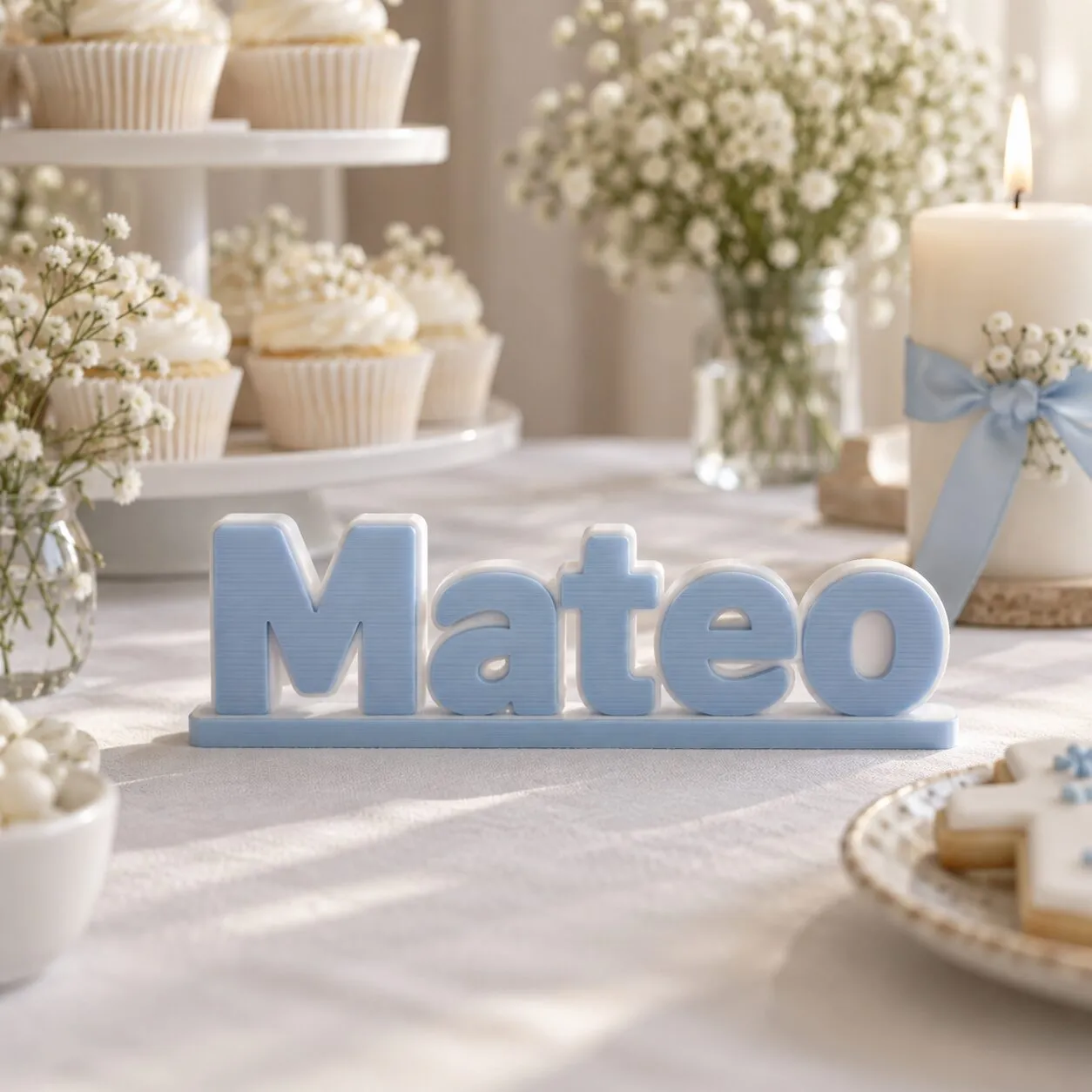 El nombre Mateo en letras 3D celestes, en la mesa de dulces de un bautizo.