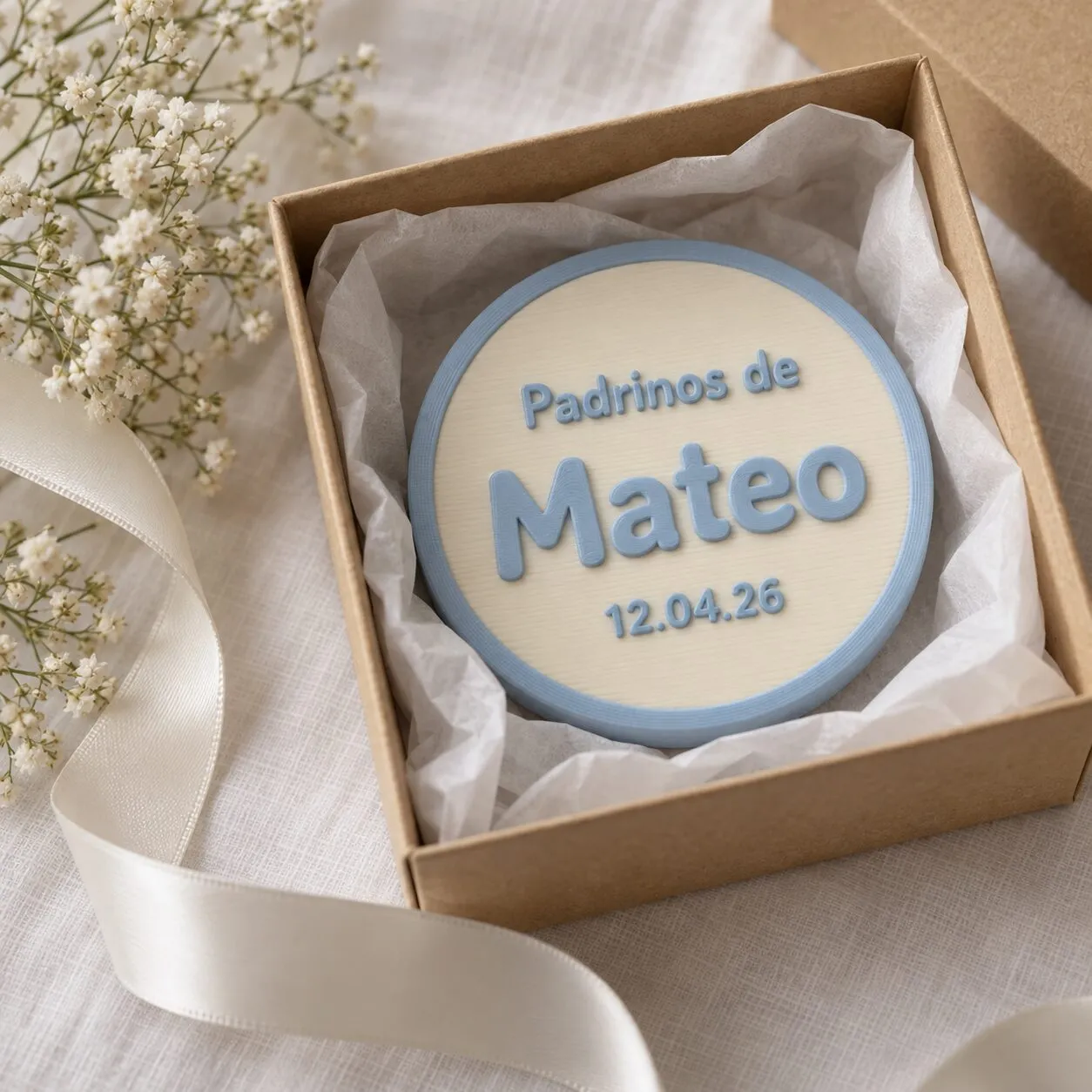 Un recuerdo redondo que dice «Padrinos de Mateo» y la fecha 12.04.26, dentro de una cajita de regalo.