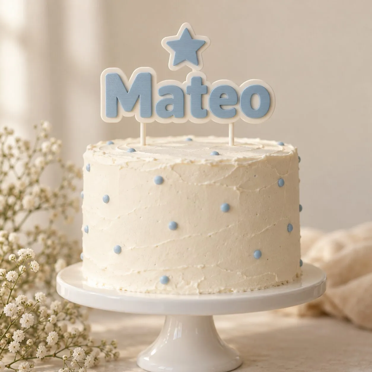 Una torta blanca con un topper celeste que dice «Mateo», con una estrella encima.