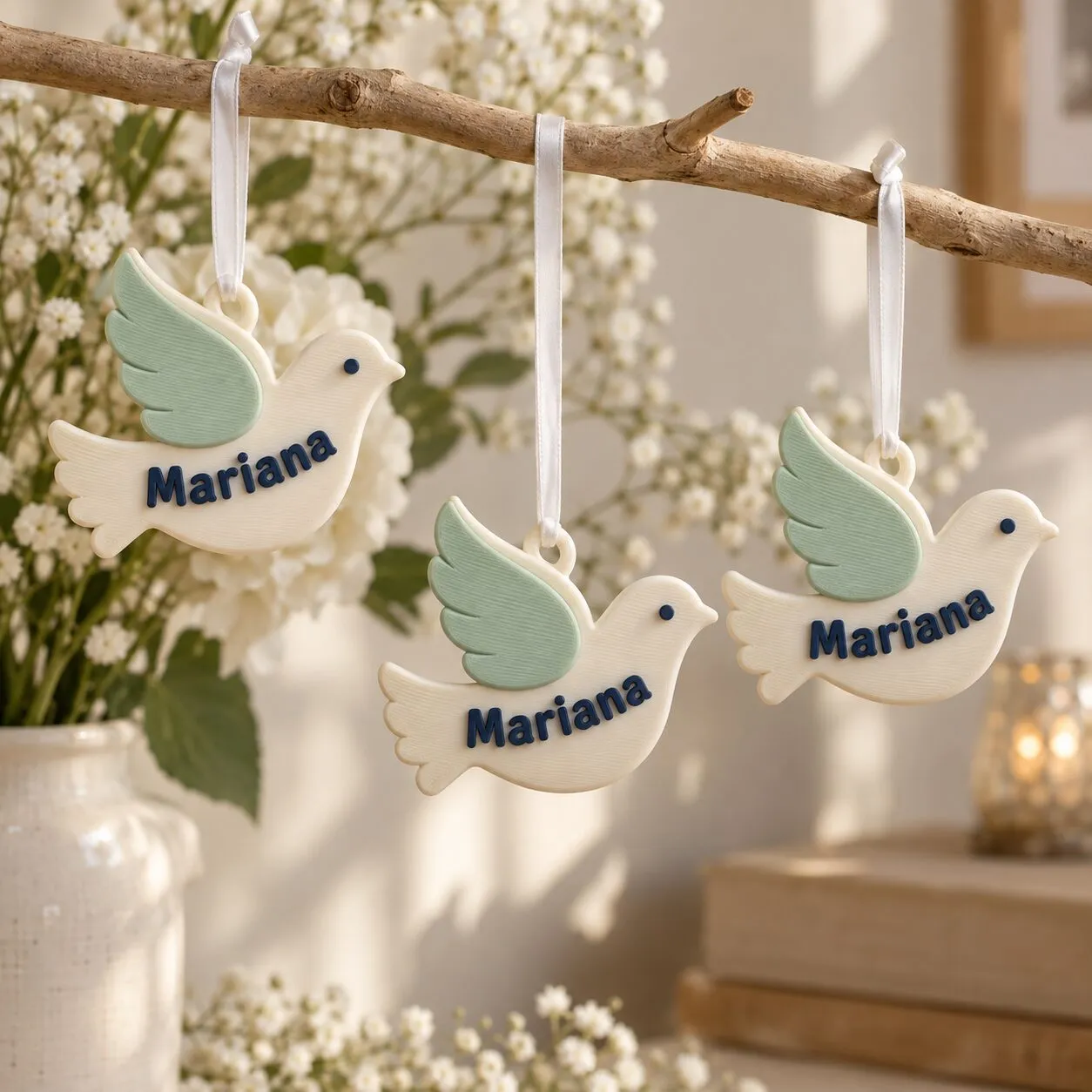 Tres palomas de color crema con el nombre Mariana, colgadas con cintas blancas.