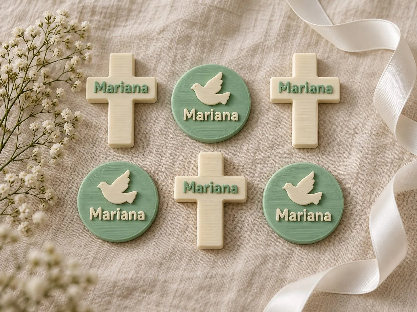 Seis recuerdos de primera comunión con el nombre Mariana: tres cruces de color crema y tres piezas redondas verde menta con una paloma.