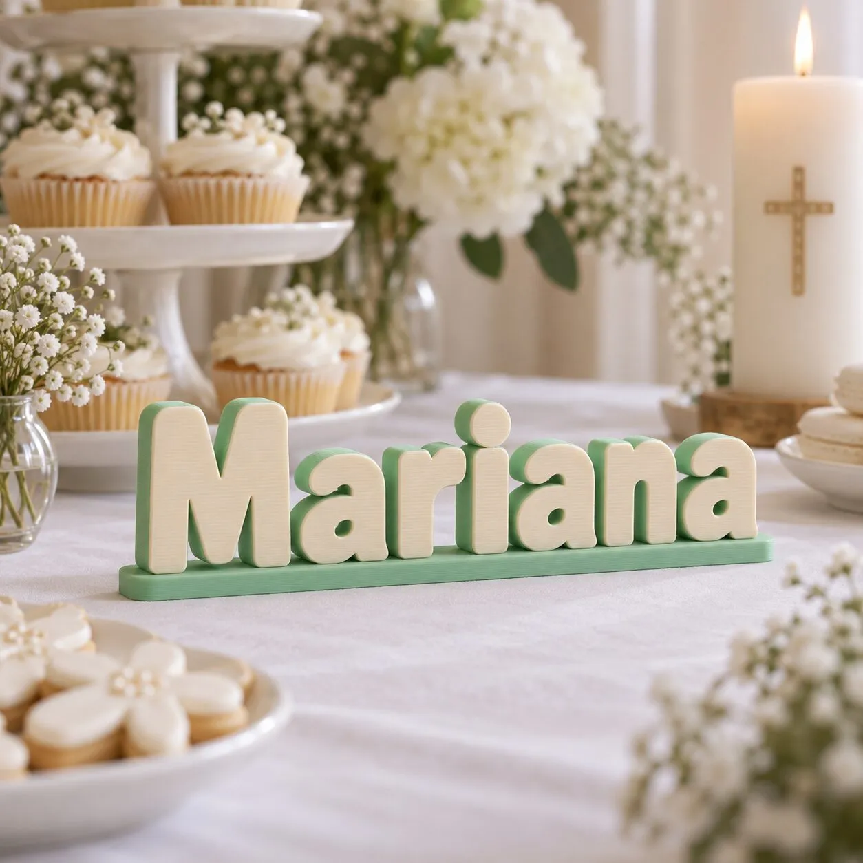 El nombre Mariana en letras 3D de color crema y verde menta, en la mesa de dulces de una primera comunión.