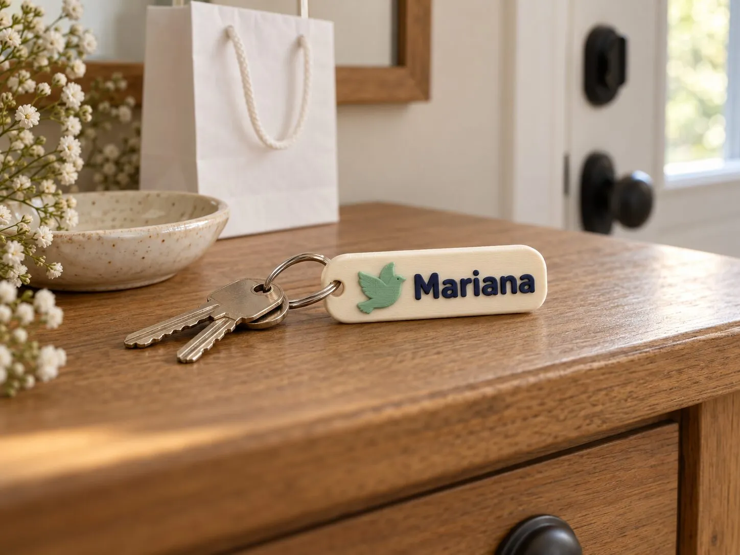 Un llavero de color crema con una paloma verde menta y el nombre Mariana, junto a las llaves de una casa.
