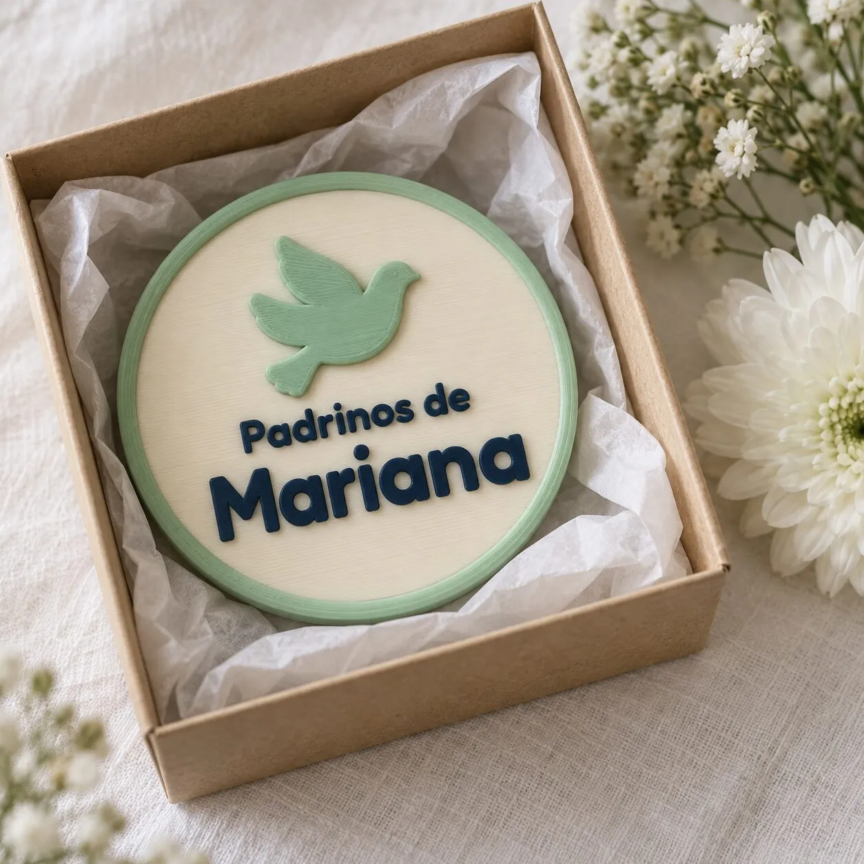 Un recuerdo redondo de color crema con una paloma, que dice «Padrinos de Mariana», dentro de una cajita de regalo.