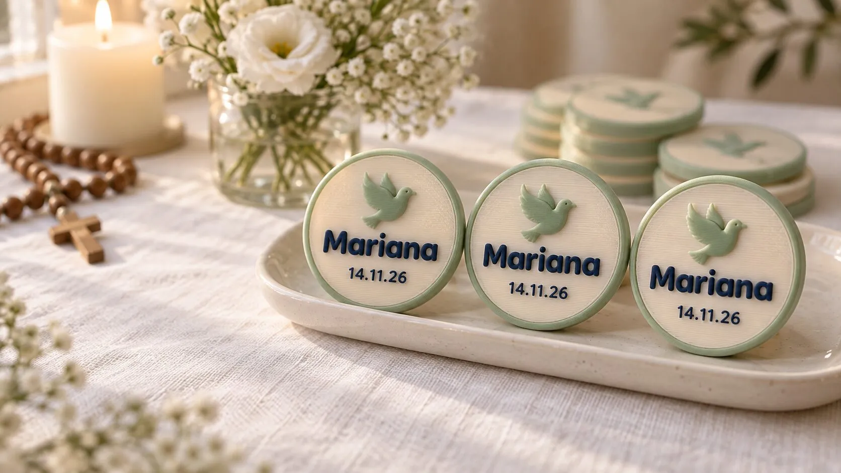 Tres recuerdos de primera comunión redondos, con una paloma, el nombre Mariana y la fecha 14.11.26, en una mesa con una vela y flores blancas.
