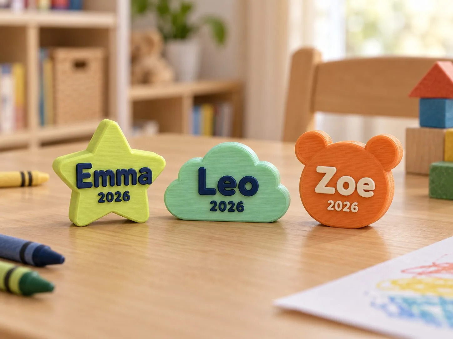 Tres recuerdos de promoción de inicial: una estrella con el nombre Emma, una nube con el nombre Leo y un osito con el nombre Zoe, cada uno con el año 2026.