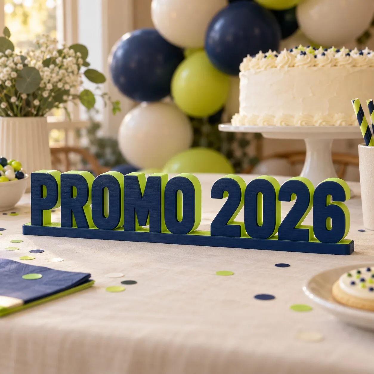 Letras 3D azules que dicen «Promo 2026» en la mesa de una fiesta, con globos detrás.