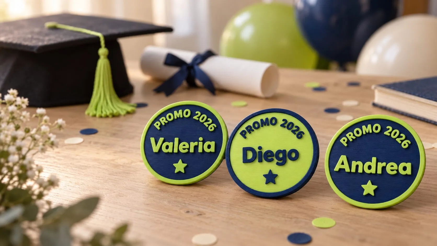 Tres recuerdos de promoción redondos, con «Promo 2026» y los nombres Valeria, Diego y Andrea, junto a un birrete y un diploma.