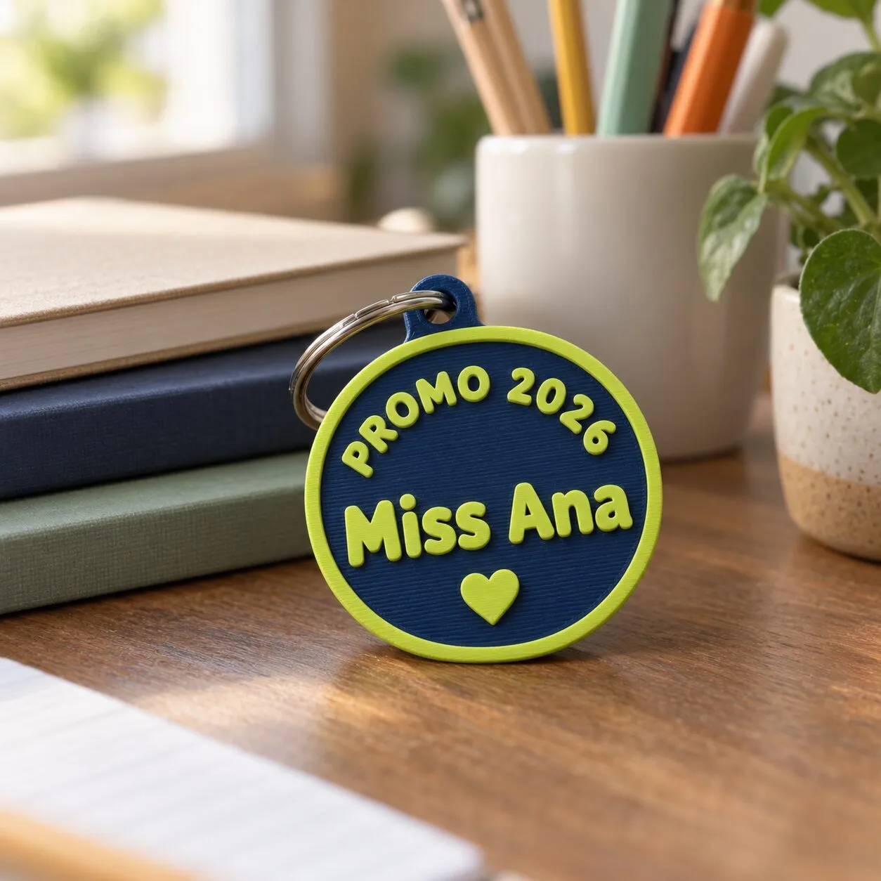 Un llavero redondo azul que dice «Promo 2026» y «Miss Ana», sobre el escritorio de una profesora.