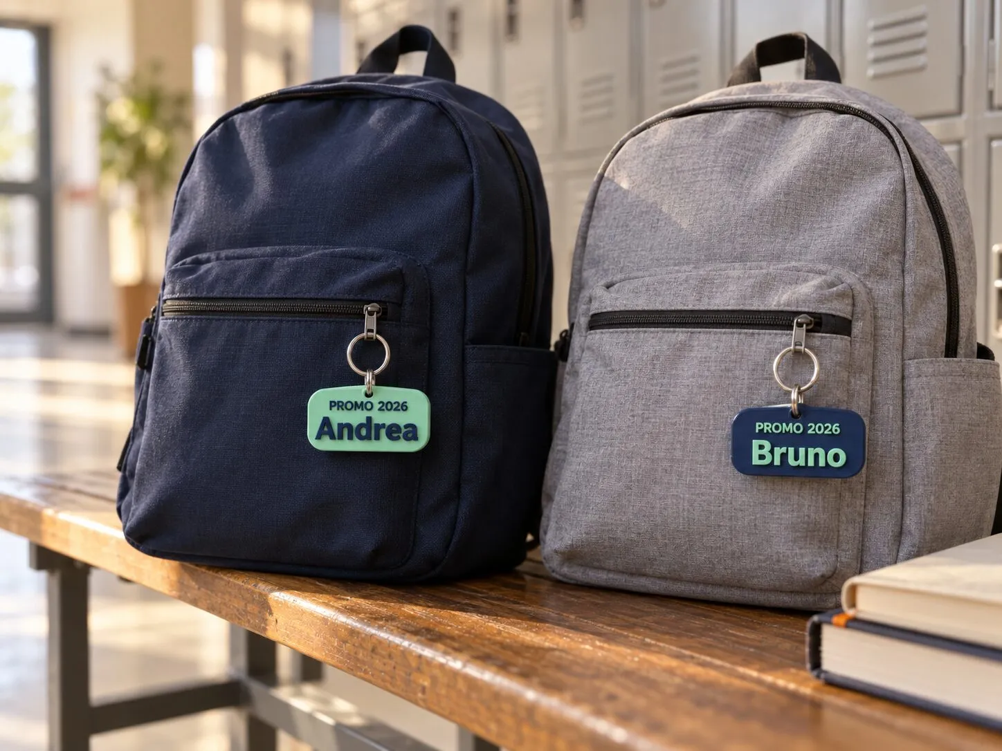 Dos mochilas con un llavero de promoción cada una: uno dice «Promo 2026» y «Andrea»; el otro, «Promo 2026» y «Bruno».