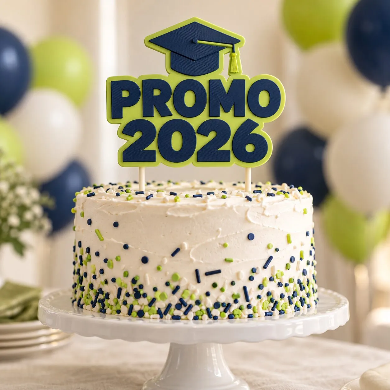 Una torta blanca con un topper azul que dice «Promo 2026», con un birrete encima.