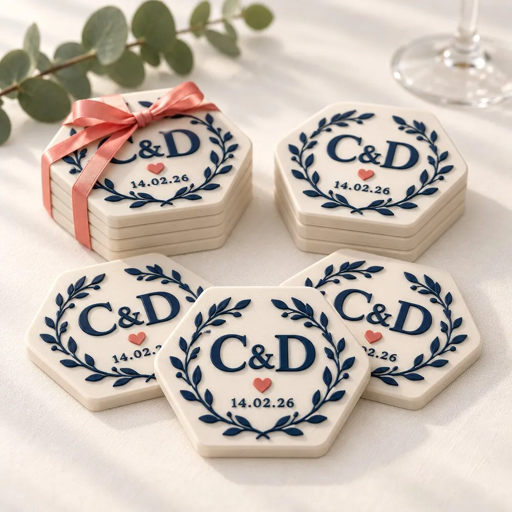 Recuerdos de matrimonio: piezas hexagonales crema con el monograma C&D, una corona de hojas azul marino y la fecha 14.02.26, apiladas y una atada con cinta coral.