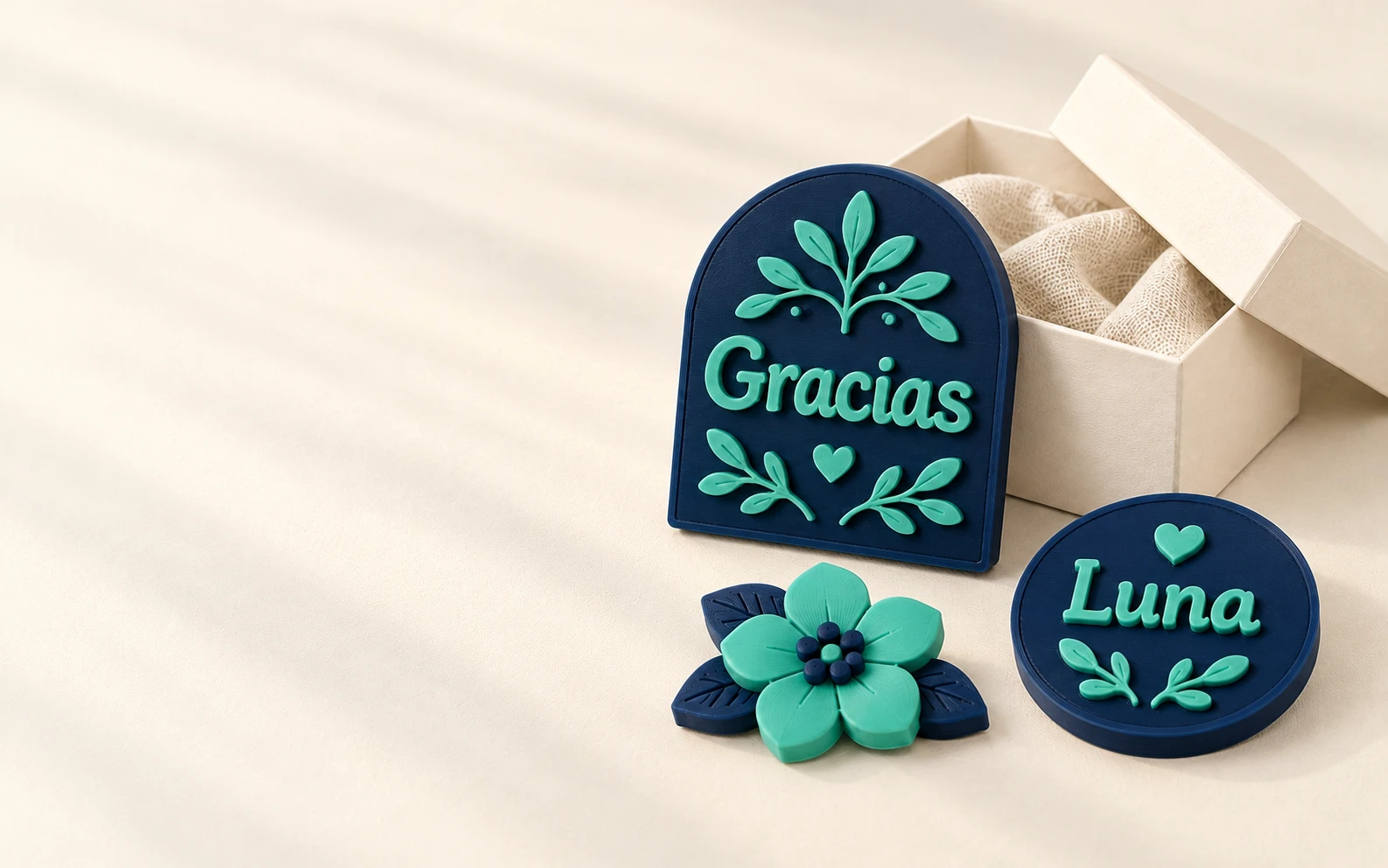 Recuerdos personalizados impresos en 3D en azul marino y menta, junto a una caja de regalo crema.