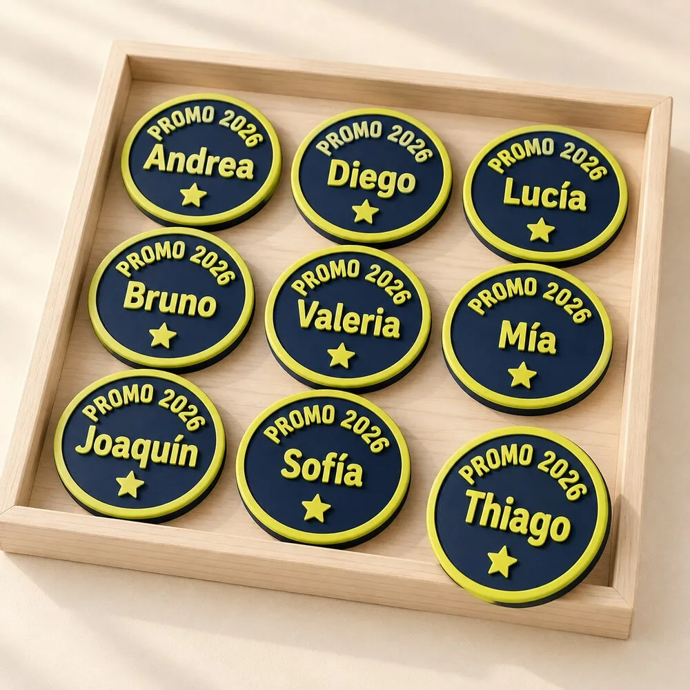 Recuerdos de promoción: nueve piezas redondas azul marino con PROMO 2026 en relieve lima y un nombre distinto en cada una, ordenadas en una bandeja de madera.