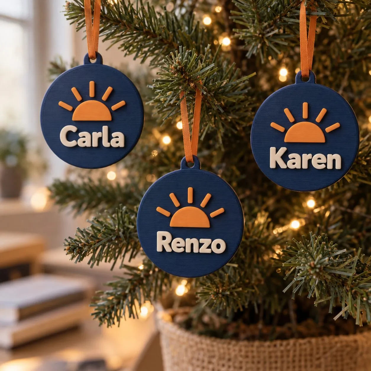 Tres recuerdos azules con un sol naranja y los nombres Carla, Renzo y Karen, colgados de un árbol de Navidad.