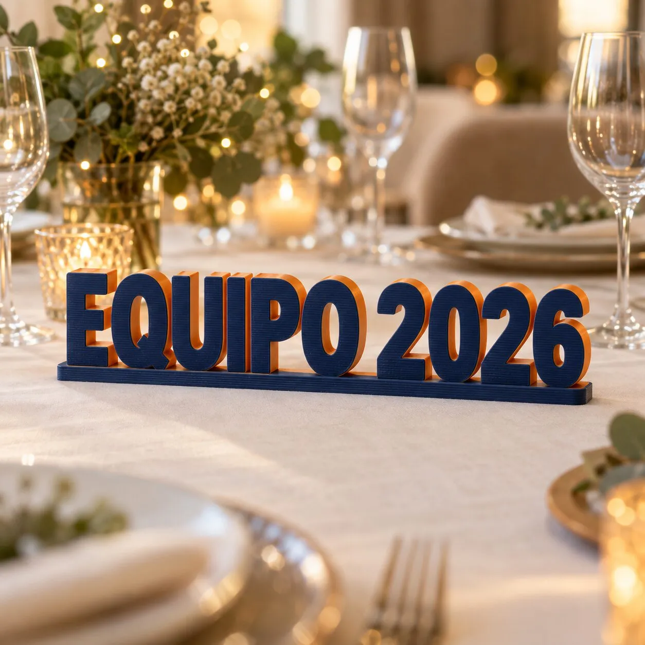 Letras 3D azules con el lateral naranja que dicen «Equipo 2026», en la mesa de una cena de fin de año.