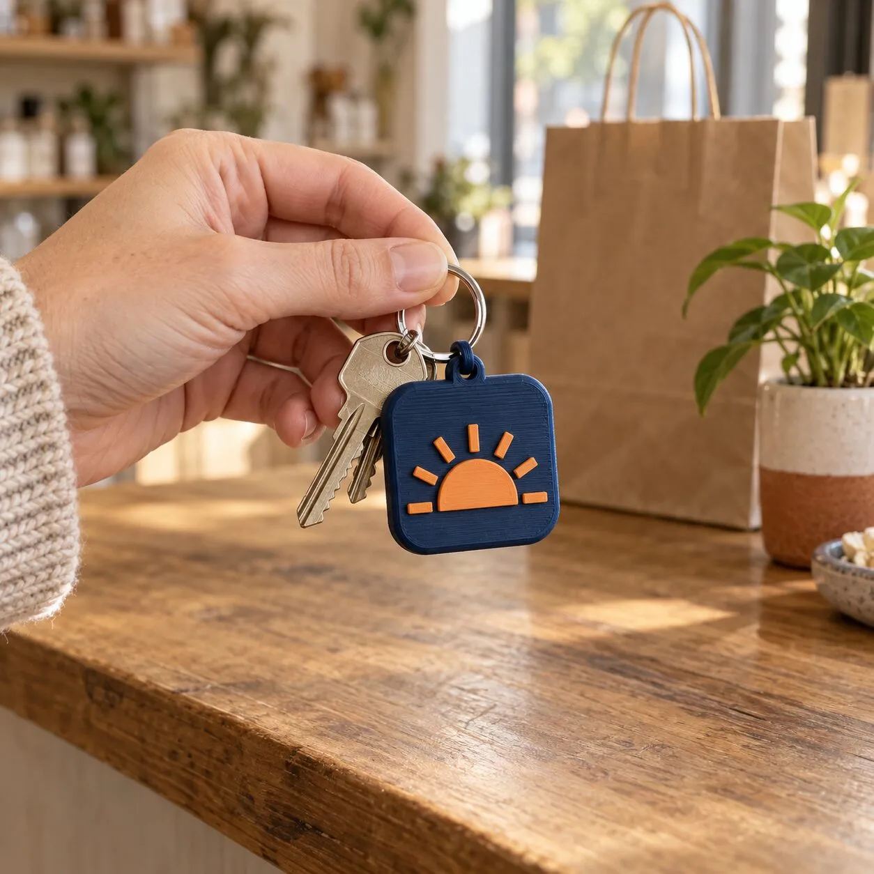 Una mano sostiene unas llaves con un llavero azul que lleva un sol naranja, sobre el mostrador de una tienda.