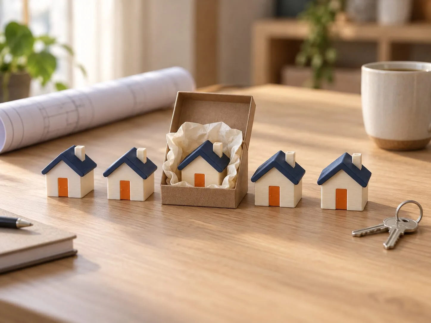 Cinco casitas en miniatura de color crema con techo azul, junto a un plano enrollado y unas llaves; una va dentro de una cajita de regalo.