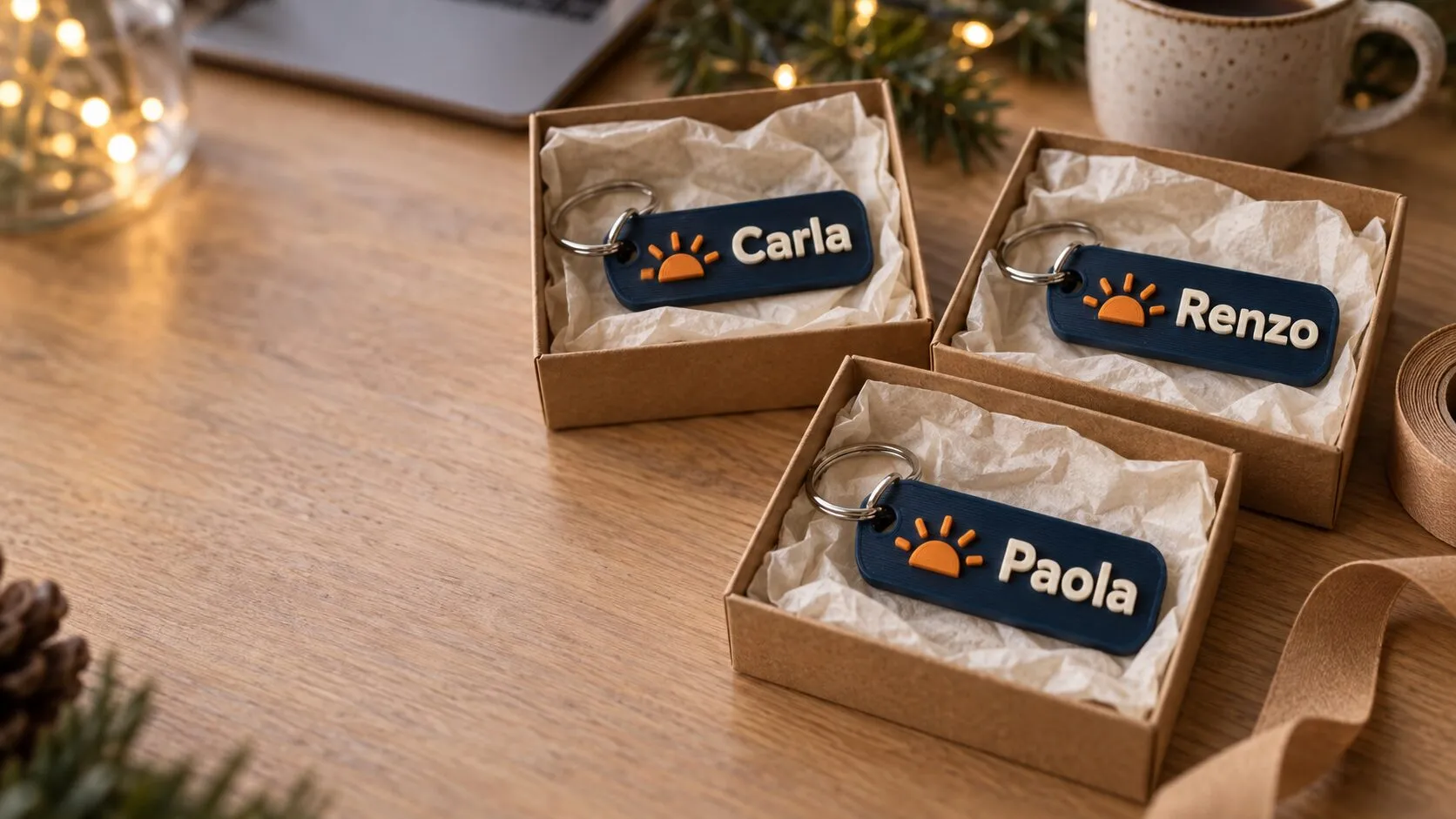 Tres cajitas de regalo abiertas, cada una con un llavero azul con un sol naranja y un nombre: Carla, Renzo y Paola.