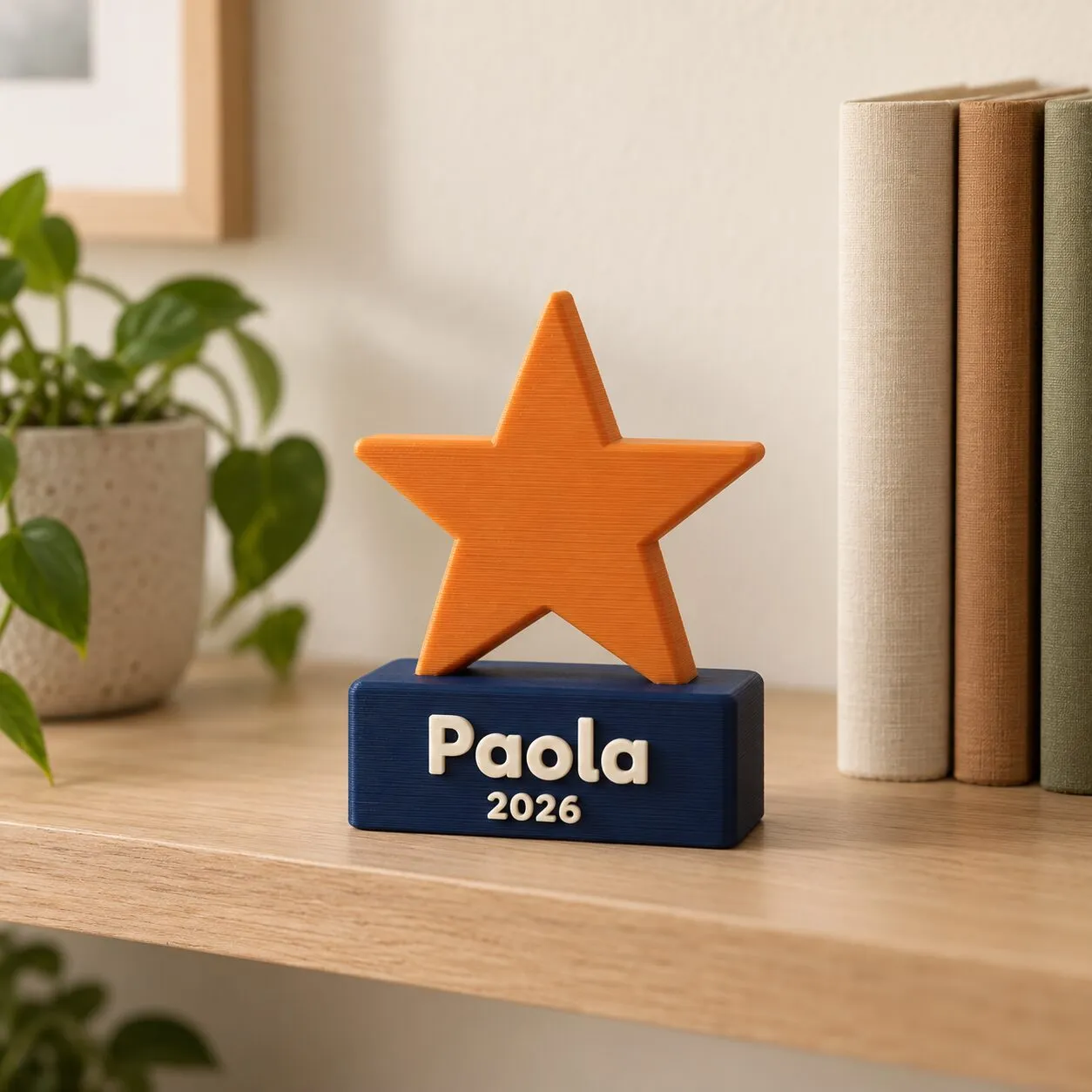Un reconocimiento con forma de estrella naranja sobre una base azul que dice «Paola 2026», en la repisa de una oficina.