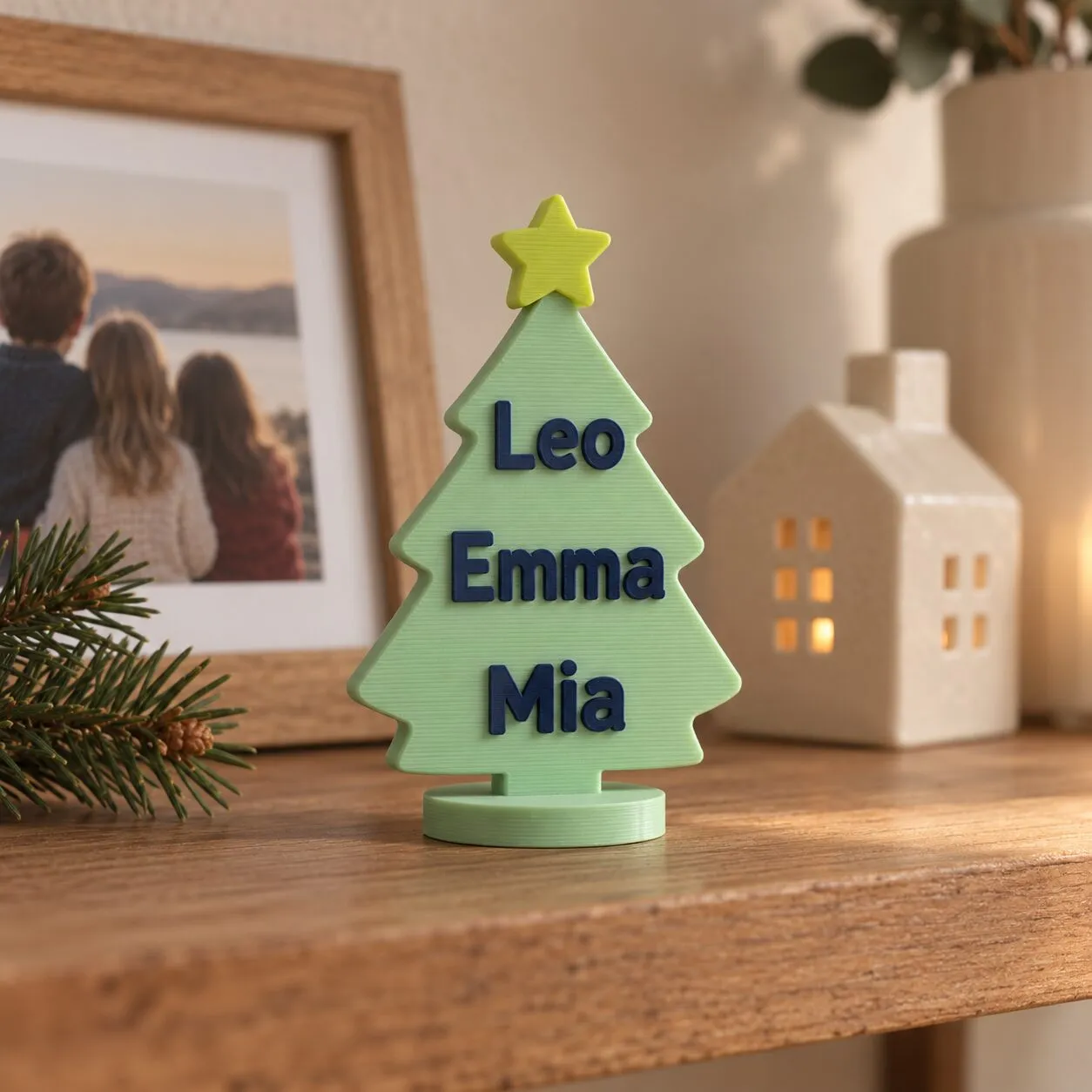 Un recuerdo verde menta con forma de árbol de Navidad, con los nombres Leo, Emma y Mia, en una repisa.