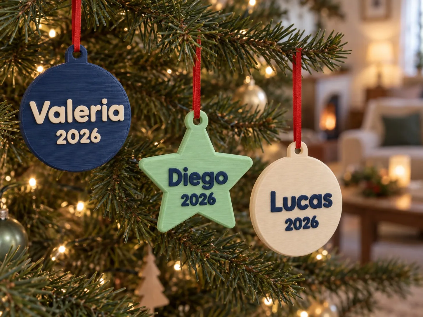 Tres recuerdos colgados de un árbol de Navidad con cintas rojas, con los nombres Valeria, Diego y Lucas y el año 2026.