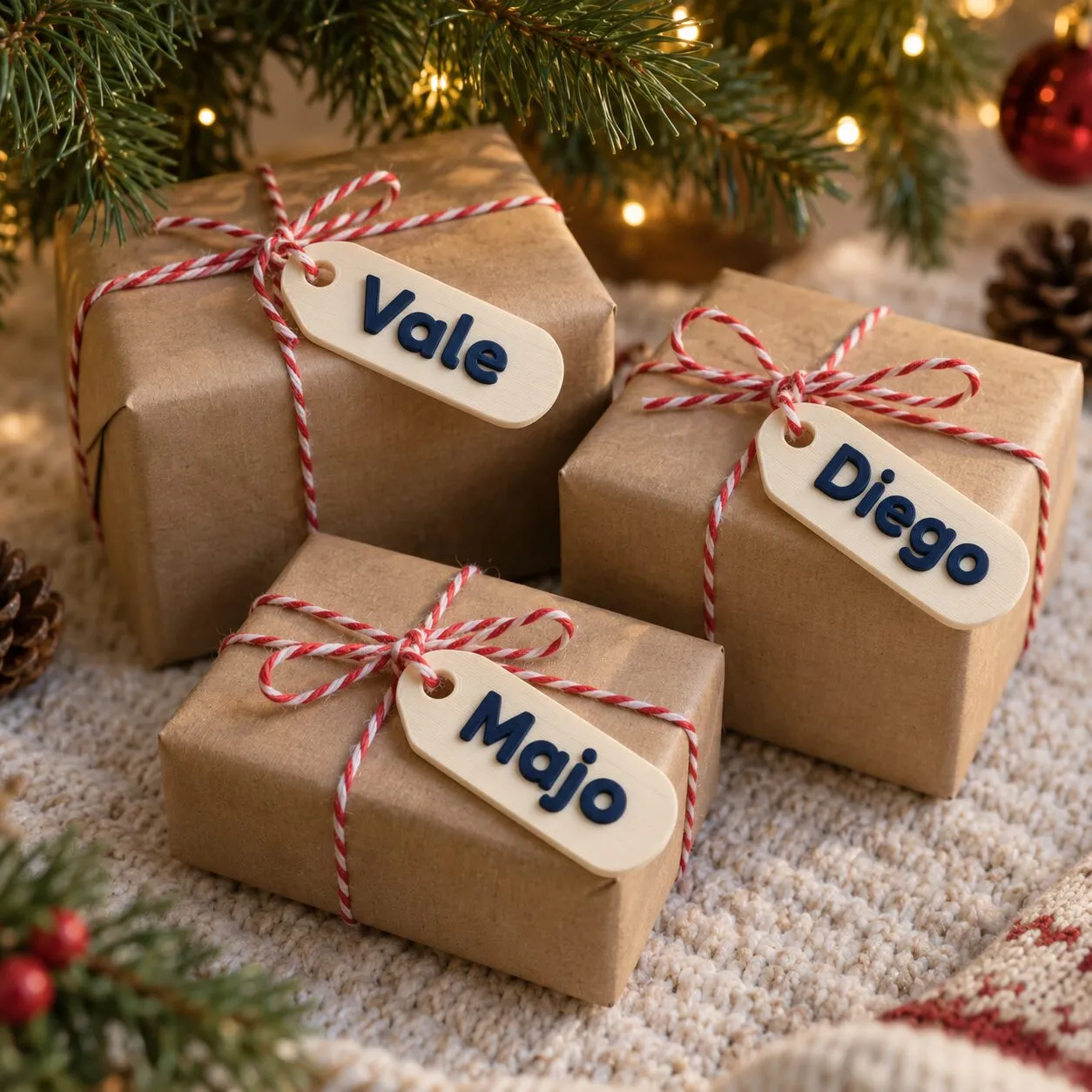 Tres regalos envueltos en papel kraft, cada uno con una etiqueta de color crema con un nombre: Vale, Diego y Majo.
