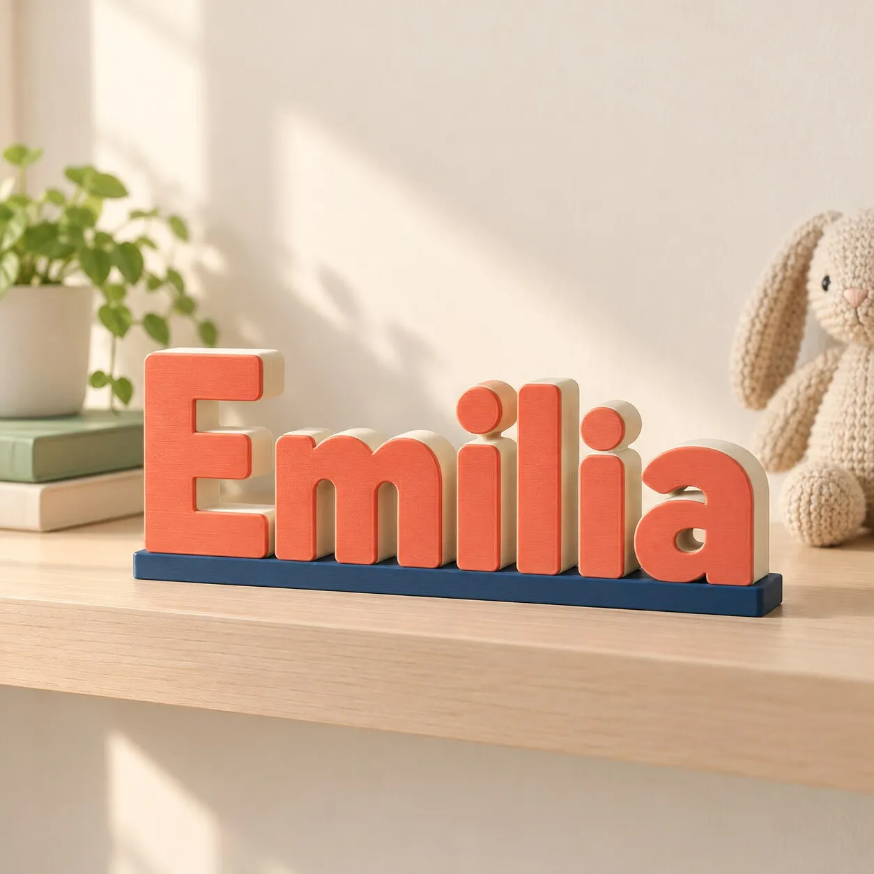 El nombre Emilia en letras 3D de color coral sobre la repisa de un cuarto, junto a un conejo tejido.