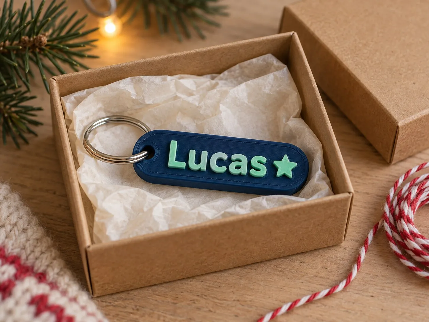 Un llavero azul con el nombre Lucas en letras verde menta, dentro de una cajita de regalo con papel de seda.