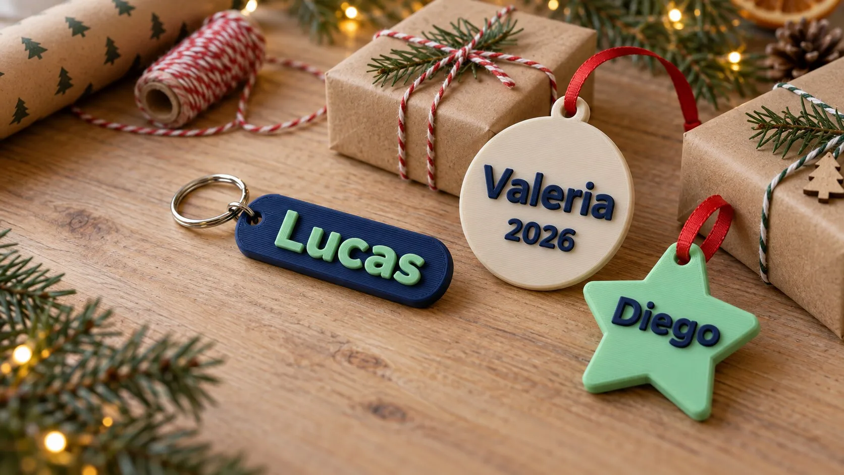Un llavero azul con el nombre Lucas y dos recuerdos para el árbol, con los nombres Valeria y Diego, entre regalos envueltos en papel kraft.