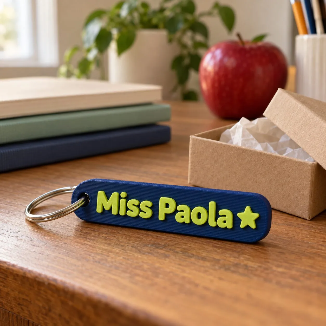 Un llavero azul que dice «Miss Paola» con una estrella, sobre el escritorio de una profesora.
